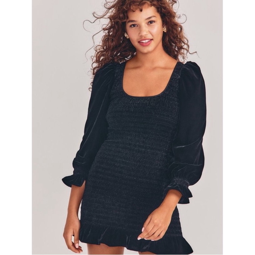 LoveShackFancy Dorset Velvet Smocked‎ Long Puff Sleeve Mini Dress in Black